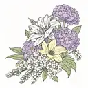 Bouquet with one violet, one narcissus, one carnation, one chrysanthemum, one poppy, one daisy  tattoo design idea