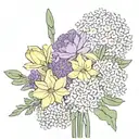 Bouquet with one violet, one narcissus, one carnation, one chrysanthemum, one poppy, one daisy  tattoo design idea