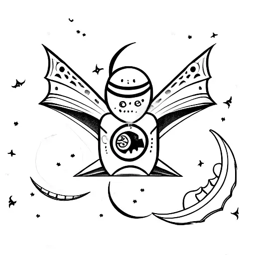 A minimalist tattoo of a horror movie ticket stub with a crescent moon and bats flying around it, representing the love for horror movies and the thrill of the night. tattoo design idea