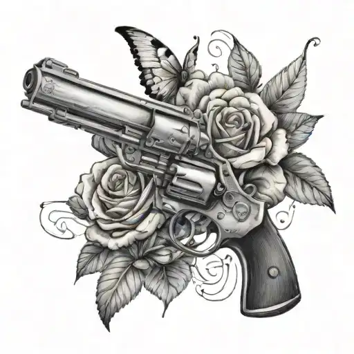 two revolvers next to some roses, and butterflies, hearts and flowers come out of the nozzle of the gun tattoo design idea