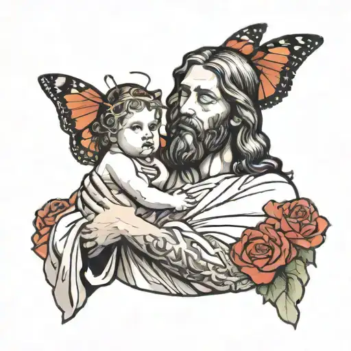 Jesus with a butterfly holding a baby girl in his hands   tattoo design idea