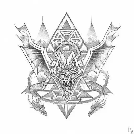 Dragon flying over an Aztec pyramid tattoo design idea