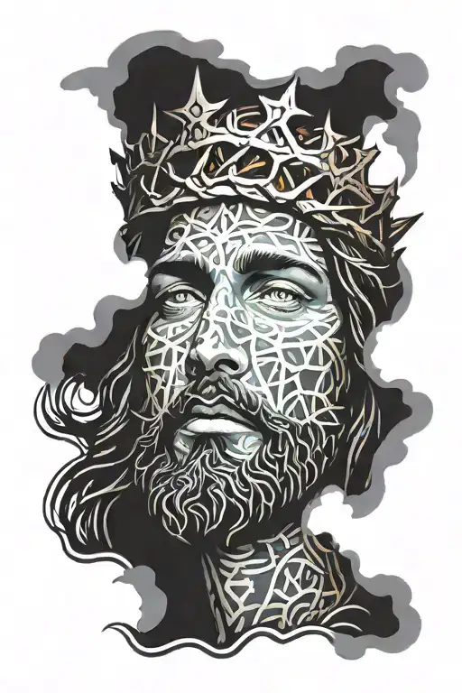 Jesus in dark clouds with a crown of thorns on his head and fire in his eyes tattoo design idea