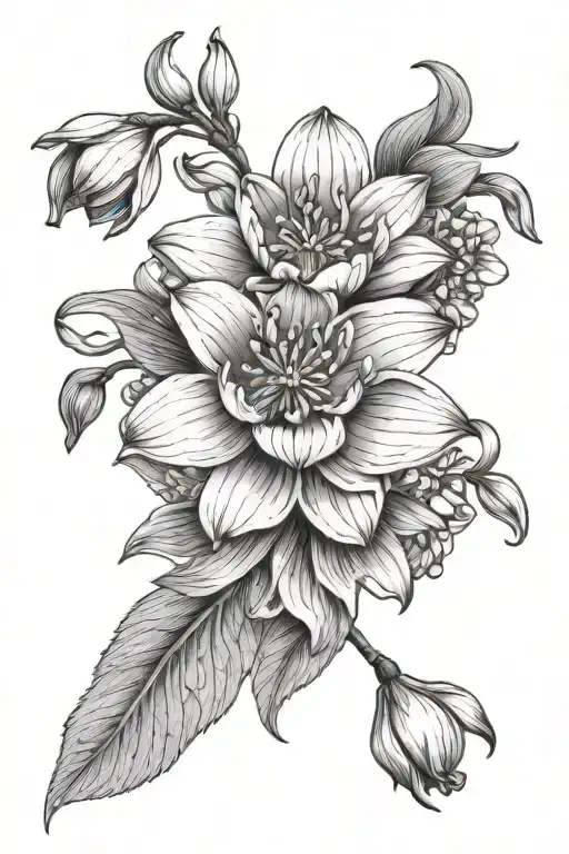 snowdrop flower, lily of the valley flower, rose flower, honeysuckle flower, water lily flower, chrysanthemum flower tattoo design idea
