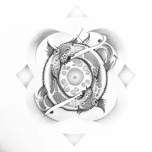 The central focus of the design is a light blue koi fish, with circle around it. tattoo design idea