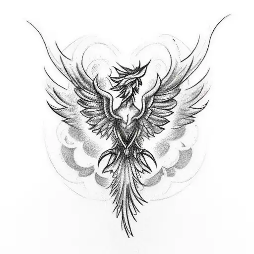 A sketch style tattoo of a powerful phoenix rising from the ashes, symbolizing strength and resilience. tattoo design idea