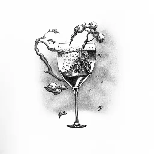 A qvevri  from which wine pours into a glass, next to a grapevine tattoo design idea
