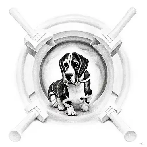 A basset hound dog jumps into a portal from the game Portal tattoo design idea