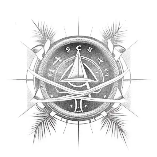 outer forearm sleeve with 3D compass and rope, and 2 palm trees in the background above tattoo design idea