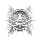 outer forearm sleeve with 3D compass and rope, and 2 palm trees in the background above tattoo design idea