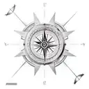 outer forearm sleeve with 3D compass and rope, and 2 palm trees in the background above tattoo design idea