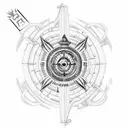 outer forearm sleeve with 3D compass and rope, and 2 palm trees in the background above tattoo design idea