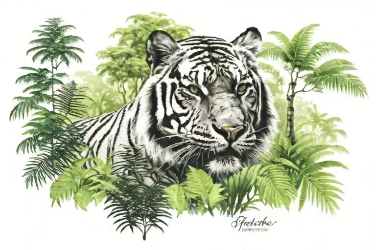 tiger in jungle forest with trees and name written tattoo design idea