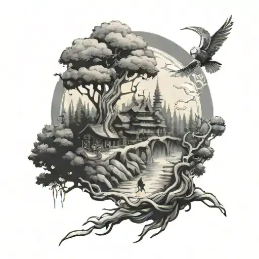 A tattoo of a mystical forest scene with Andrew Minyard and Kakashi Hatake as spirit guides, leading the way through a path of books and scrolls, done in a black-grey style tattoo design idea