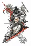 Star wars Dark side half sleeve with Dath Vader, Kylo Ren, Count Dooku and Qimir tattoo design idea