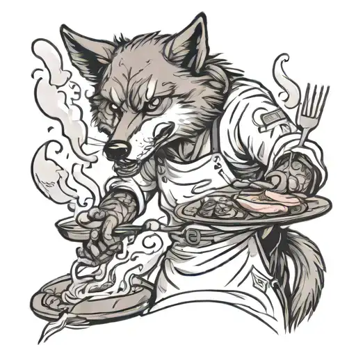 angry wolf as a chef cooking up a storm tattoo design idea