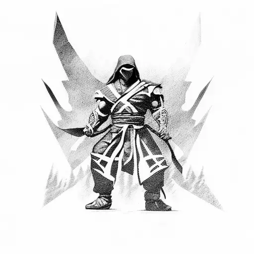 A mashup of Mortal Kombat and Dota 2 characters in a fighting stance tattoo design idea