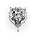 A mechanical bike with intricate gears and chains, incorporating elements of the Maratha Empire and a tiger in the design tattoo design idea