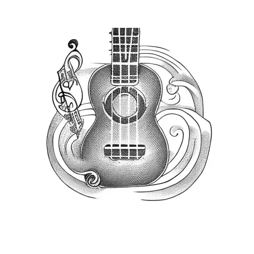 A detailed blackwork tattoo of a ukulele and harmonica intertwined with musical notes tattoo design idea