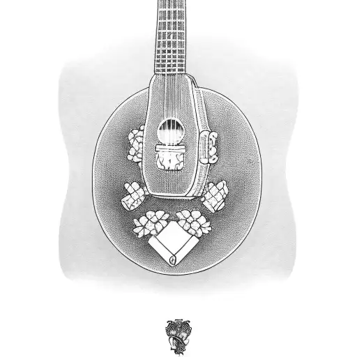 A detailed blackwork tattoo of a ukulele and harmonica intertwined with musical notes tattoo design idea
