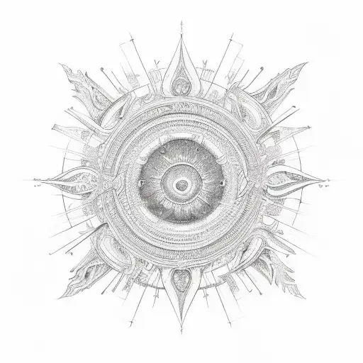 A captivating design featuring a sunburst surrounded by billowy clouds, all intricately detailed with precise linework techniques. tattoo design idea