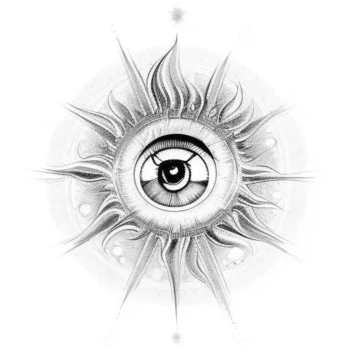 A celestial eye surrounded by a swirling galaxy of clouds and sun rays tattoo design idea