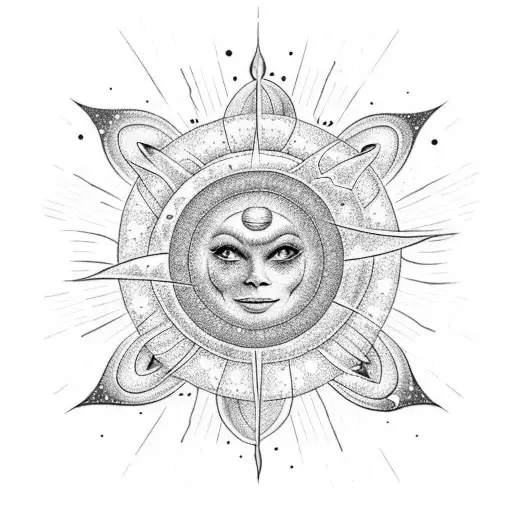 A cosmic-inspired tattoo showcasing a sun with rays extending into a starry sky, rendered using a combination of dotwork and linework. tattoo design idea