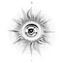 A celestial eye surrounded by a swirling galaxy of clouds and sun rays tattoo design idea