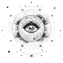 A celestial eye surrounded by a swirling galaxy of clouds and sun rays tattoo design idea