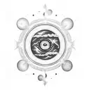 A celestial eye surrounded by a swirling galaxy of clouds and sun rays tattoo design idea