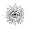 A celestial eye surrounded by a swirling galaxy of clouds and sun rays tattoo design idea