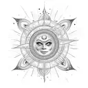 A cosmic-inspired tattoo showcasing a sun with rays extending into a starry sky, rendered using a combination of dotwork and linework. tattoo design idea
