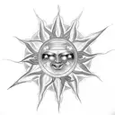 A cosmic-inspired tattoo showcasing a sun with rays extending into a starry sky, rendered using a combination of dotwork and linework. tattoo design idea