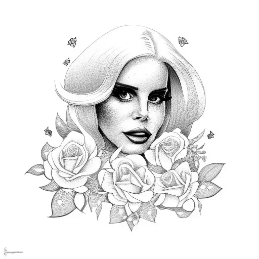 A portrait of Lana Del Rey surrounded by blooming roses tattoo design idea