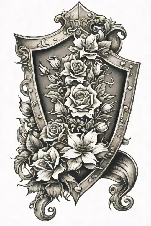 pointed shield with flowers around it tattoo design idea
