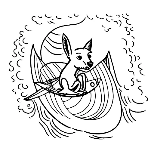 Draw me the outline, of a kangaroo that is surfing on a small wave aussie style tattoo design idea