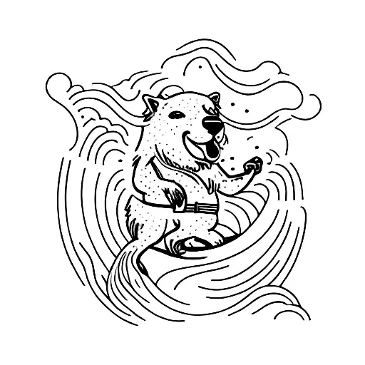 Draw me a surfing kangaroo with mullet haistyle, sunglasses and a mustage that is surfing on a small wave aussie style tattoo design idea