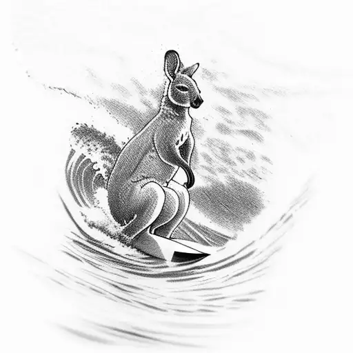 Draw me the outline, of a kangaroo that is surfing on a small wave aussie style tattoo design idea