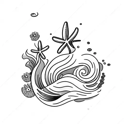 A serene beach scene with waves gently rolling onto the shore, adorned with beautiful tulips and daisies, and the letter 'k' to the power of 2 subtly incorporated into the design tattoo design idea