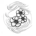 A serene beach scene with waves gently rolling onto the shore, adorned with beautiful tulips and daisies, and the letter 'k' to the power of 2 subtly incorporated into the design tattoo design idea