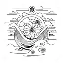 A serene beach scene with waves gently rolling onto the shore, adorned with beautiful tulips and daisies, and the letter 'k' to the power of 2 subtly incorporated into the design tattoo design idea