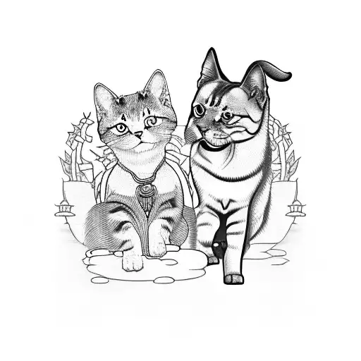 A Japanese-style tattoo of your dog and cat playing together in a serene garden tattoo design idea