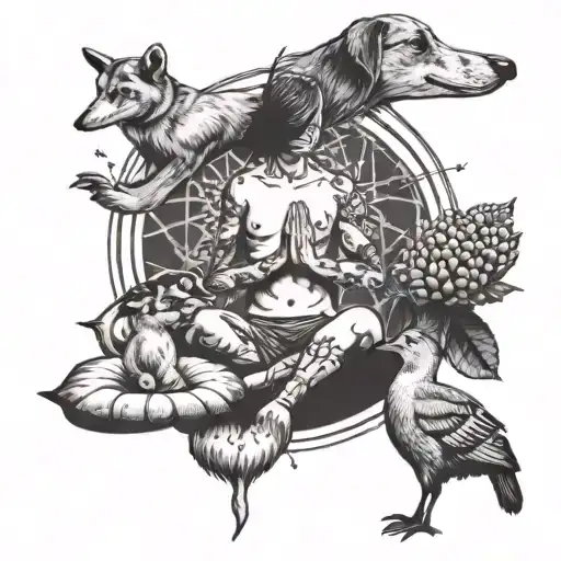 A tattoo featuring a yoga pose with a heavy metal twist, accompanied by ducklings and dogs tattoo design idea