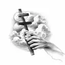 cross with clouds praying hands bible verse tattoo design idea