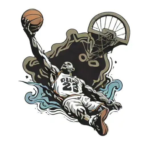 Michael Jordan last Shot picture but instead of Michael Jordan, a Soccer Player who Shot the Ball into the Basket tattoo design idea
