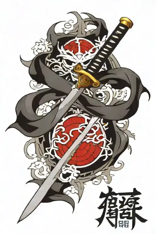 katana written honor in Japanese on the blade of the sword tattoo design idea