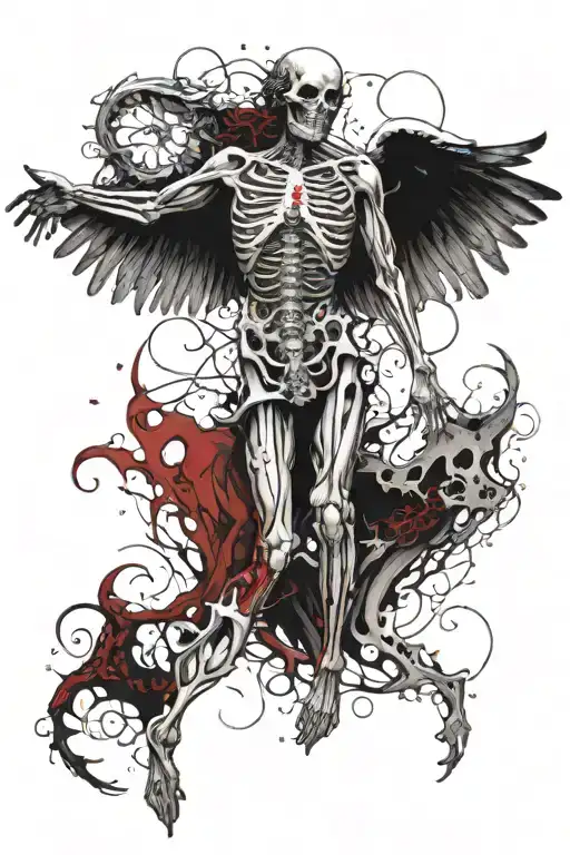 a skeletal angel, flesh peeling off, full black and white except red lungs behind an exposed rib cage, arms outstretched tattoo design idea