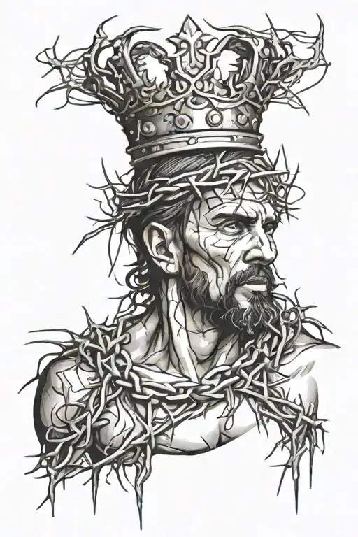 Design a tattoo of a rebellious figure with a crown of thorns and a graffiti background as a symbol of liberation from family expectations tattoo design idea