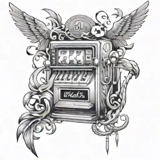 A slot machine with symbols of freedom (özgürlük) and family (aile) intertwined, reflecting the rapper's love for gambling tattoo design idea