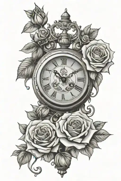 clock and roses with roman numerals representing important dates and presents tattoo design idea
